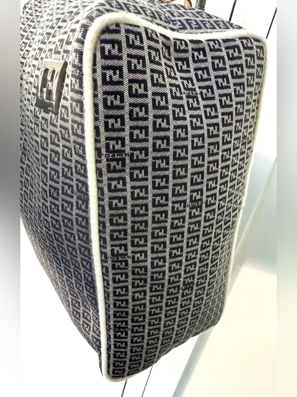 FENDI Zucca FF Navy Monogram Canvas Leather Tote Bag Made In Italy LIKE NEW - Picture 6 of 14